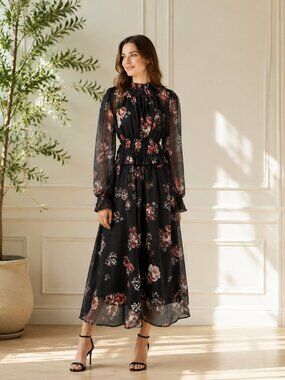 Black Pink Floral Maxi Dress